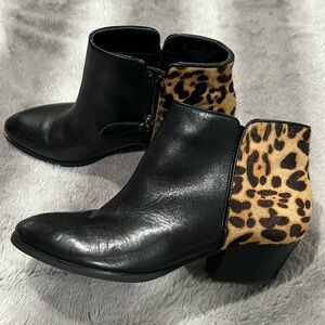 Franco Sarto Shoes Quasar Black Leather Leopard Print Ankle Booties Size 8